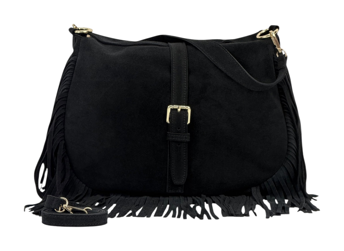 HE887 Black Fringe Suede Shoulder Bag