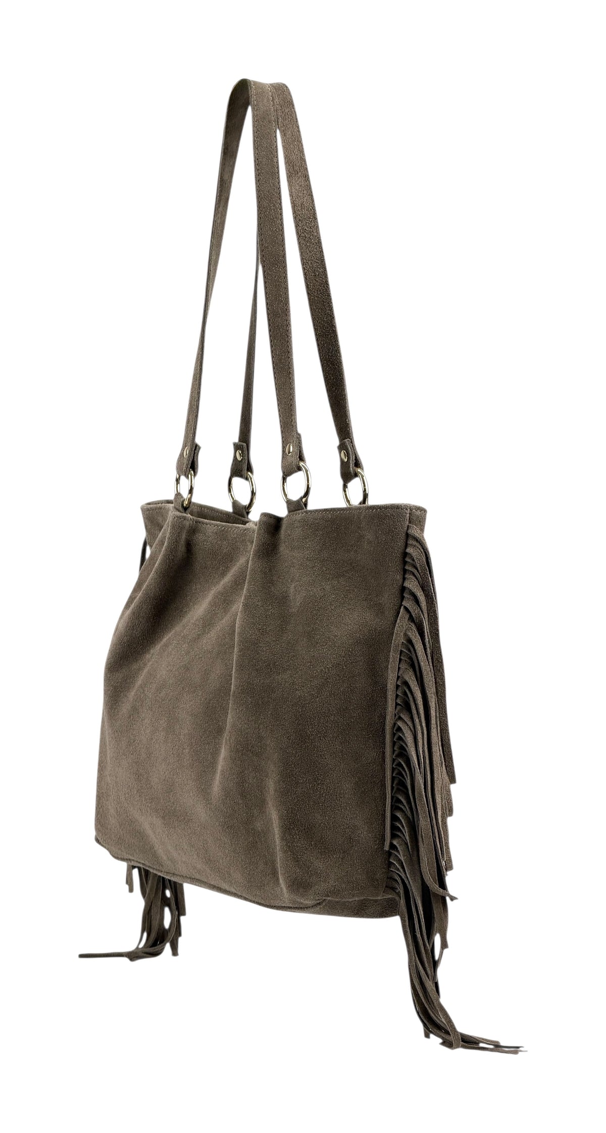 HE889 Dark Taupe Fringe Suede Tote Bag