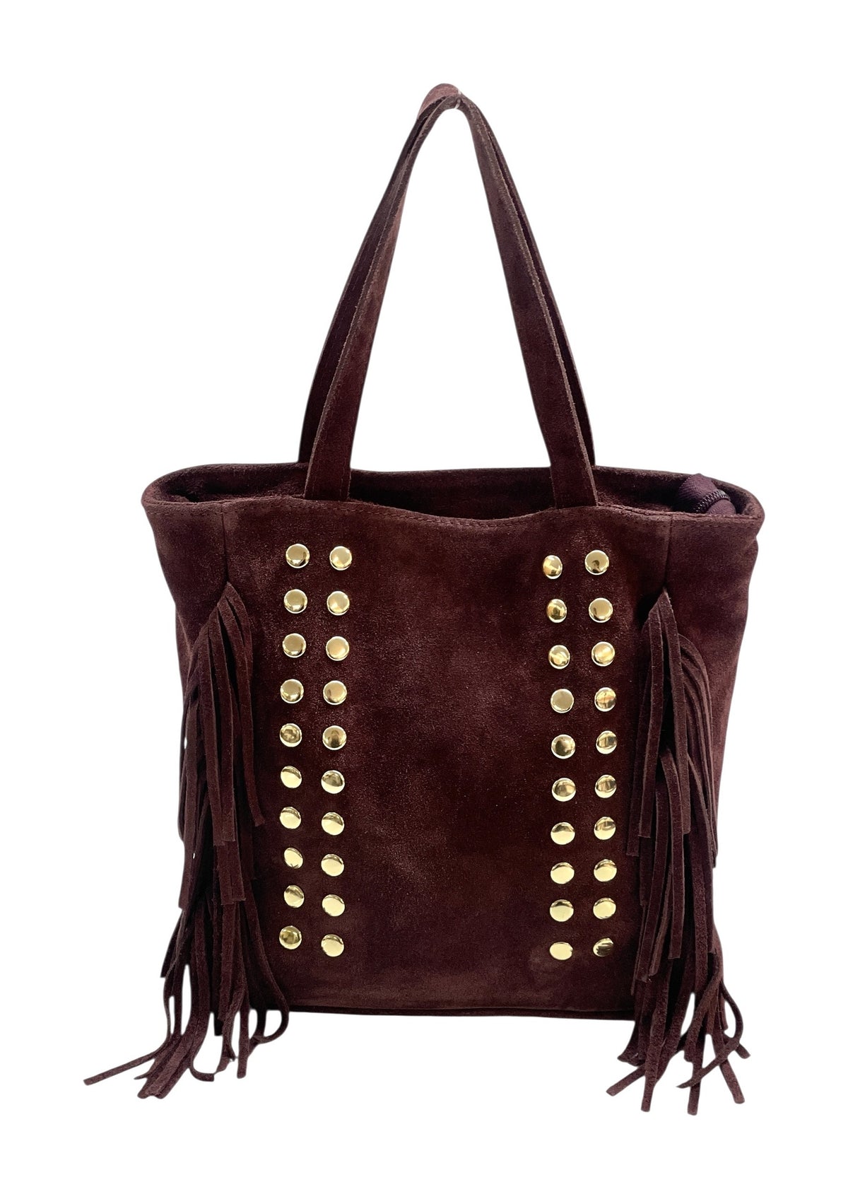 HE925 Burgundy Studded Fringe Suede Tote Bag