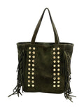 HE926 Military Green Studded Fringe Suede Tote Bag