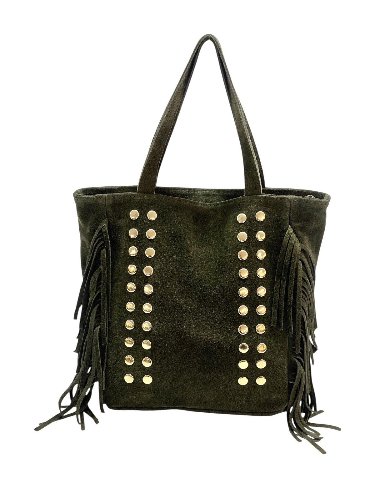 HE926 Military Green Studded Fringe Suede Tote Bag