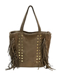 HE927 Dark Taupe Studded Fringe Suede Tote Bag