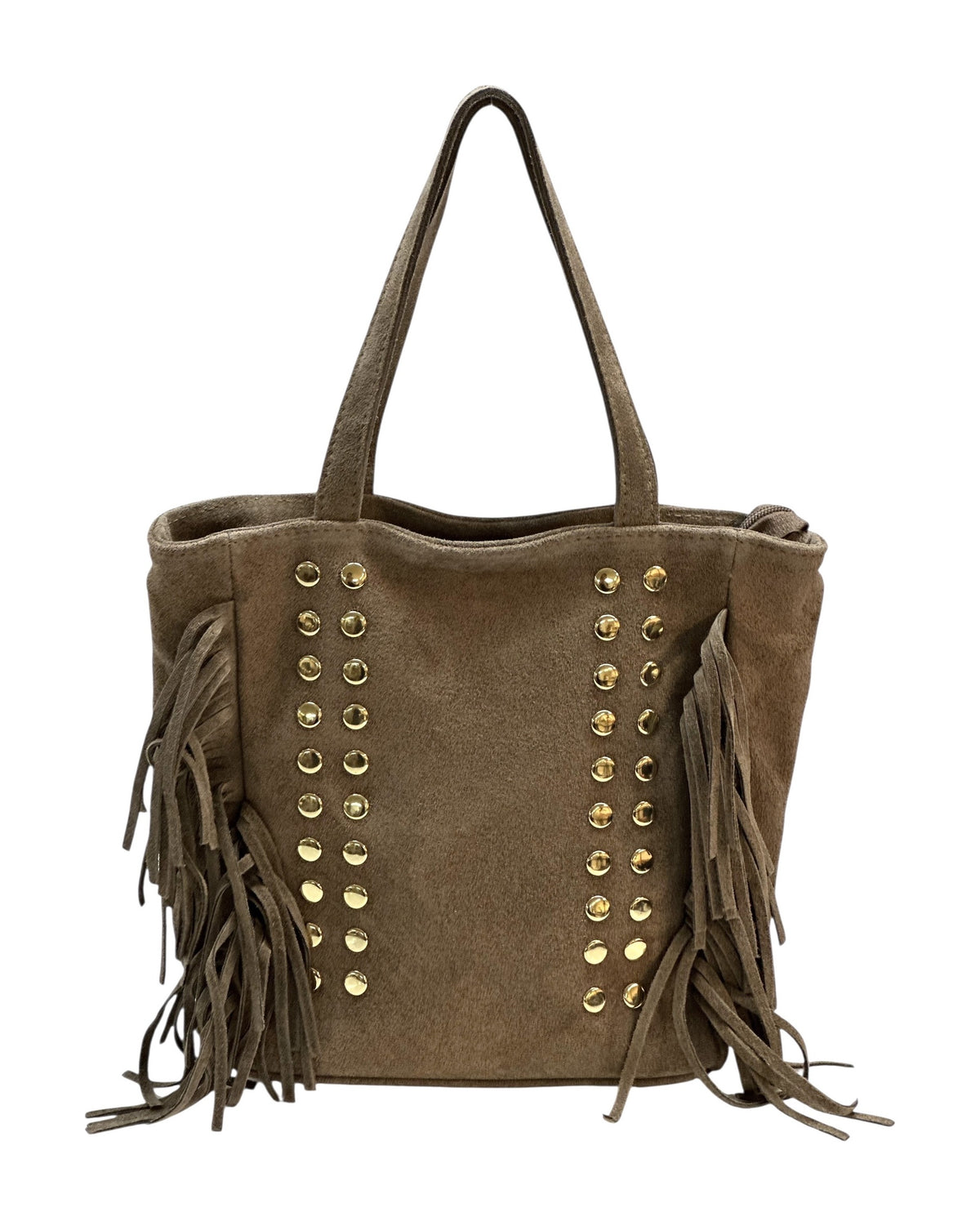 HE927 Dark Taupe Studded Fringe Suede Tote Bag