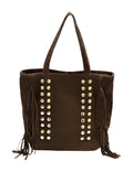 HE929 Brown Studded Fringe Suede Tote Bag