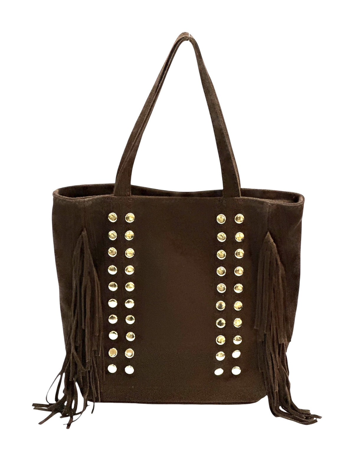 HE929 Brown Studded Fringe Suede Tote Bag
