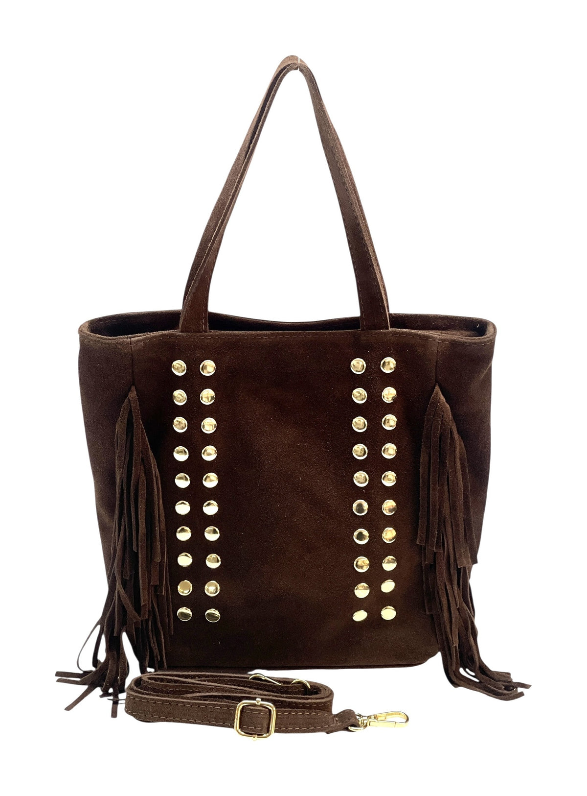 HE929 Brown Studded Fringe Suede Tote Bag