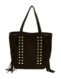 HE930 Dark Brown Studded Fringe Suede Tote Bag