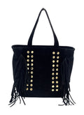 HE931 Black Studded Fringe Suede Tote Bag