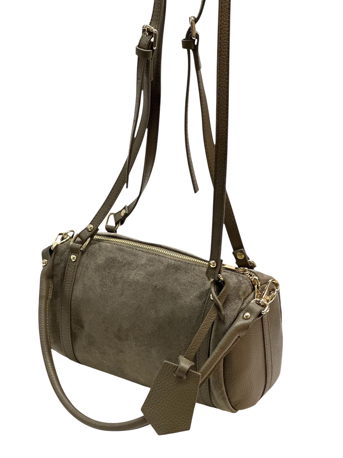 HE932 Dark Taupe Barrel Suede Shoulder Bag