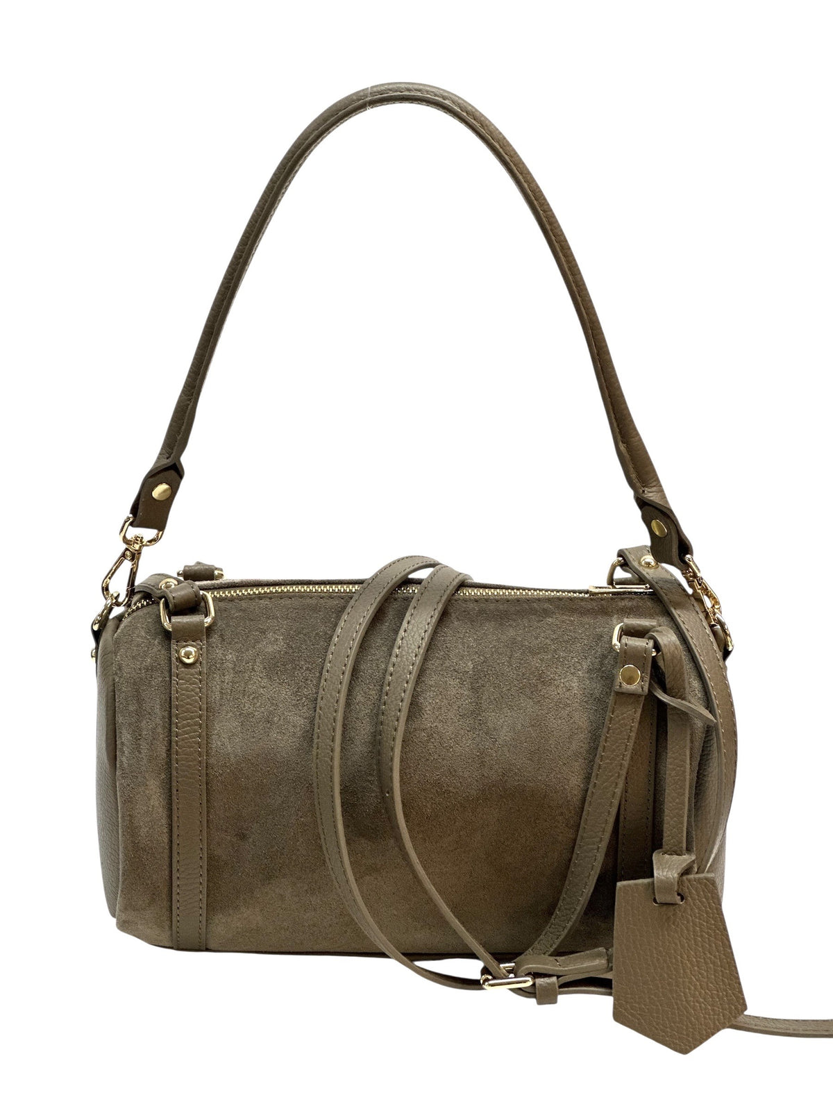 HE932 Dark Taupe Barrel Suede Shoulder Bag