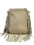 HE952 Beige Studded Fringe Suede Crossbody Bag
