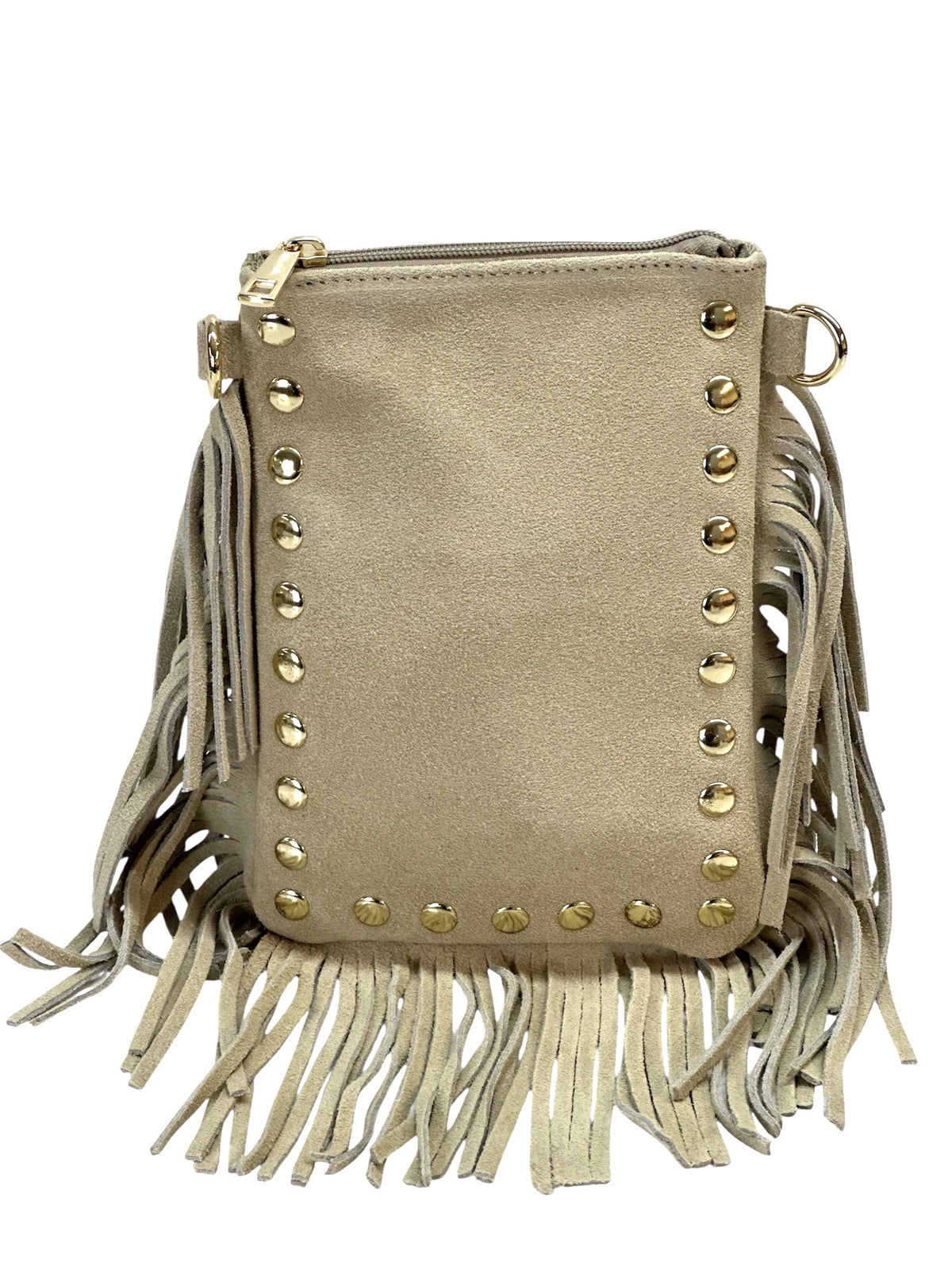 HE952 Beige Studded Fringe Suede Crossbody Bag