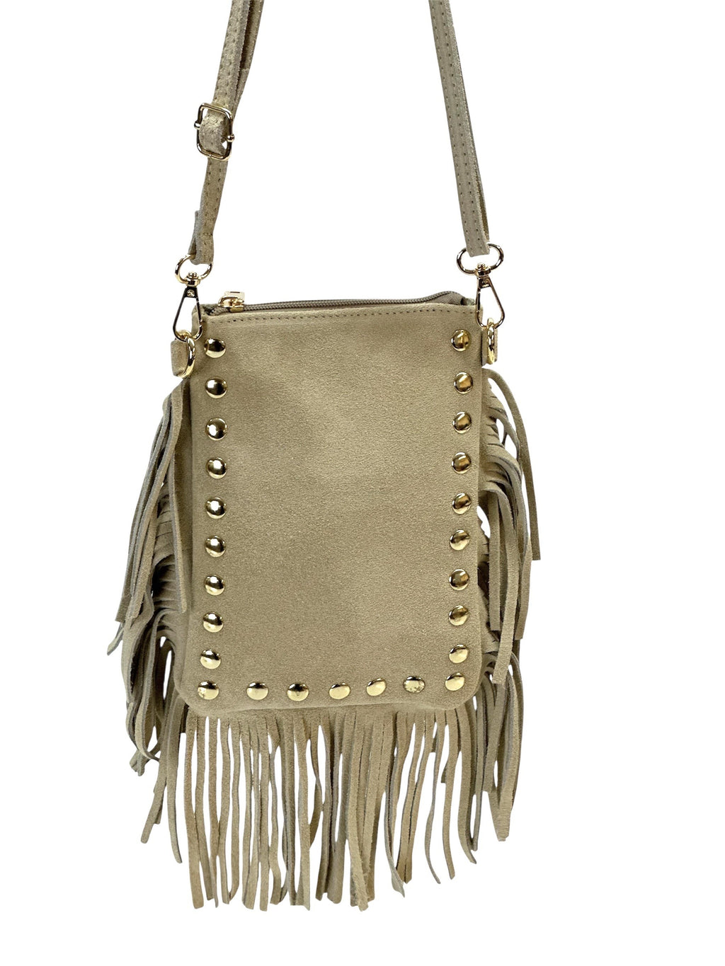 HE952 Beige Studded Fringe Suede Crossbody Bag