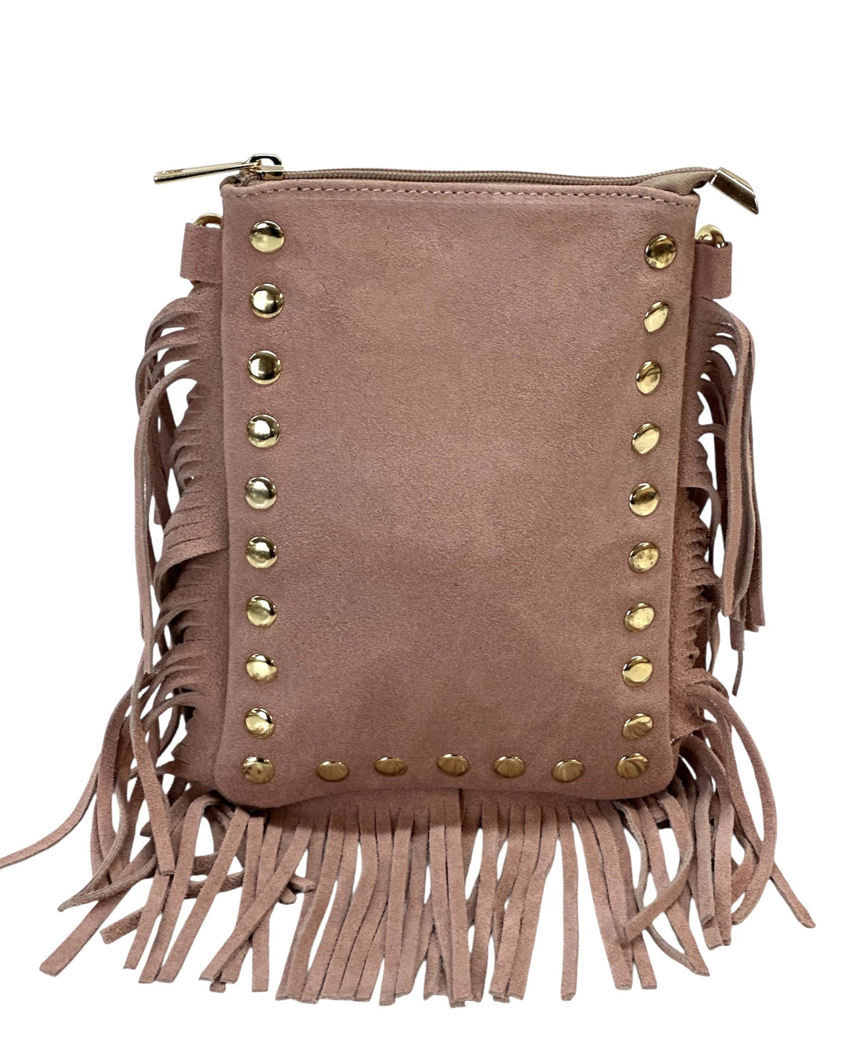 HE953 Powder Pink Studded Fringe Suede Crossbody Bag