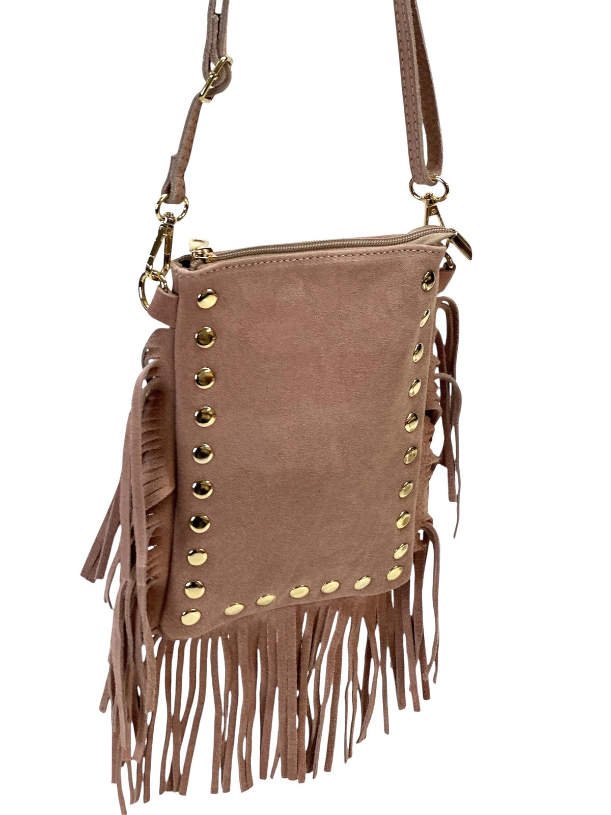 HE953 Powder Pink Studded Fringe Suede Crossbody Bag