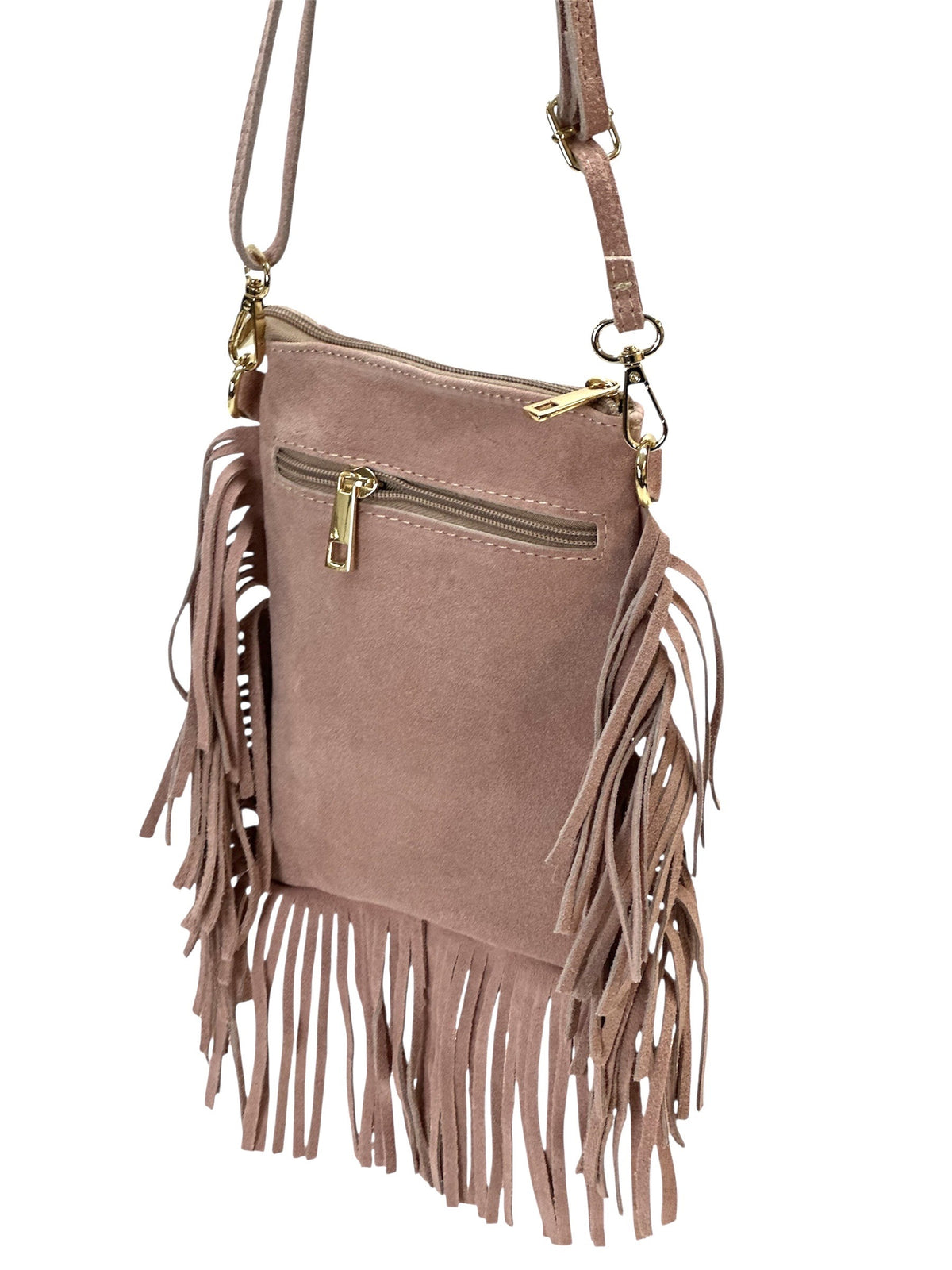 HE953 Powder Pink Studded Fringe Suede Crossbody Bag