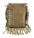 HE954 Light Taupe Studded Fringe Suede Crossbody Bag