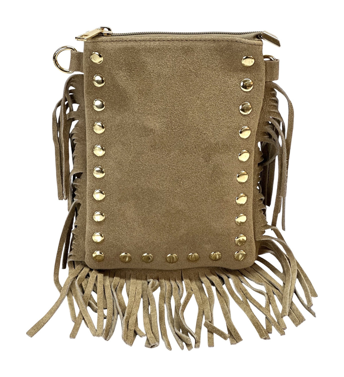 HE954 Light Taupe Studded Fringe Suede Crossbody Bag