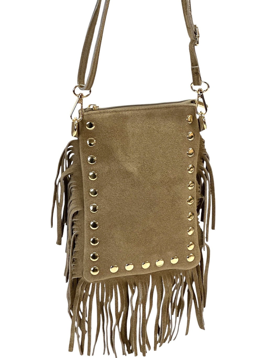 HE954 Light Taupe Studded Fringe Suede Crossbody Bag