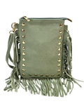HE955 Sage Green Studded Fringe Suede Crossbody Bag