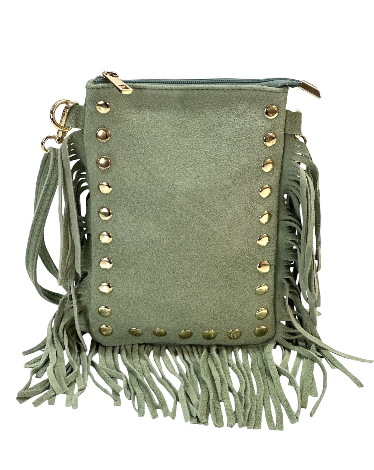 HE955 Sage Green Studded Fringe Suede Crossbody Bag