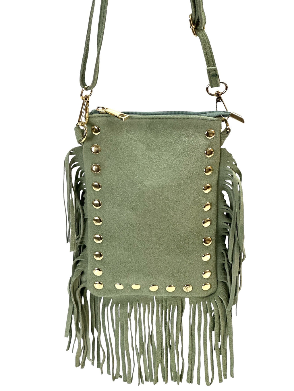 HE955 Sage Green Studded Fringe Suede Crossbody Bag