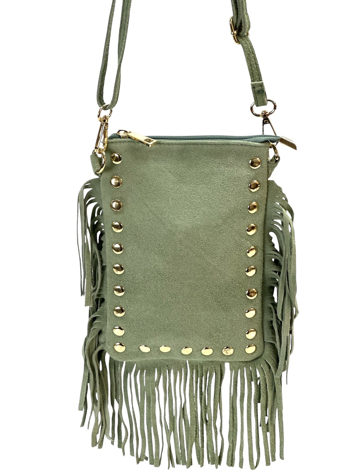 HE955 Sage Green Studded Fringe Suede Crossbody Bag