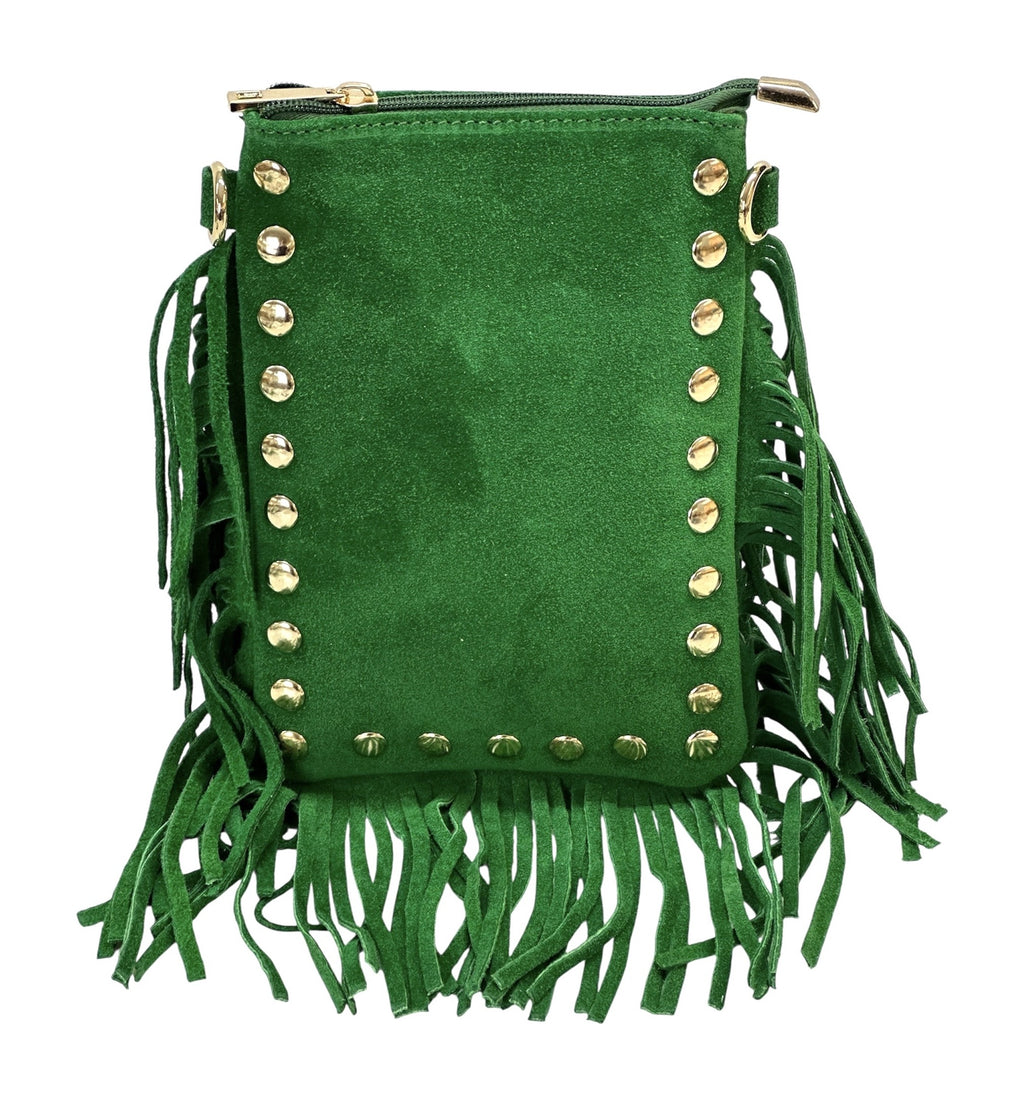 HE956 Apple Green Studded Fringe Suede Crossbody Bag