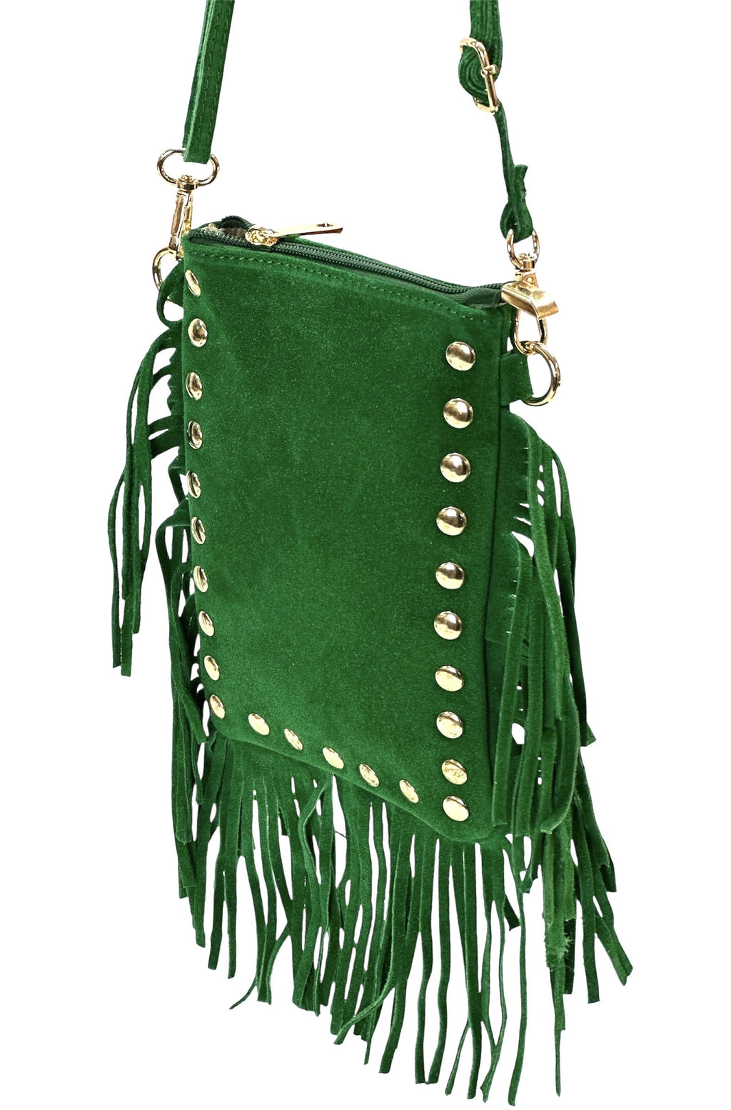 HE956 Apple Green Studded Fringe Suede Crossbody Bag