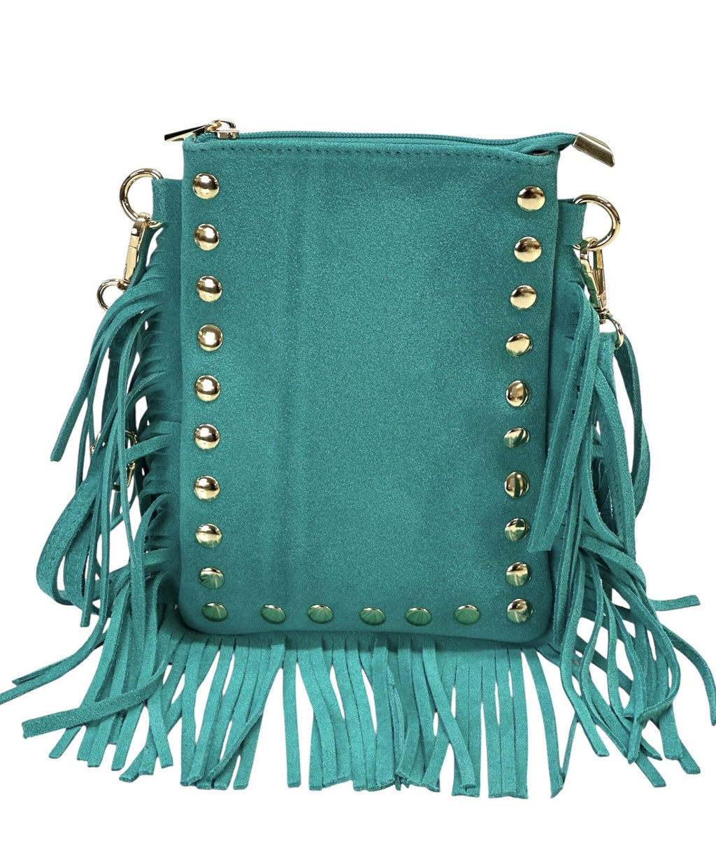 HE957 Turquoise Studded Fringe Suede Crossbody Bag
