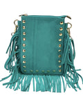 HE957 Turquoise Studded Fringe Suede Crossbody Bag