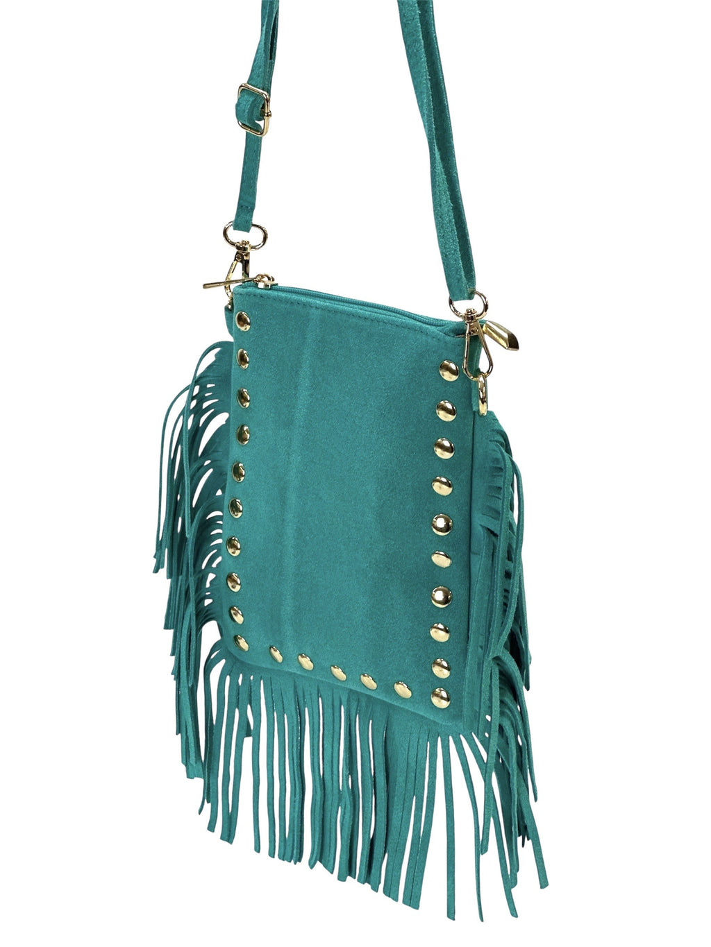 HE957 Turquoise Studded Fringe Suede Crossbody Bag