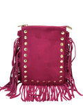 HE959 Fuchsia Studded Fringe Suede Crossbody Bag