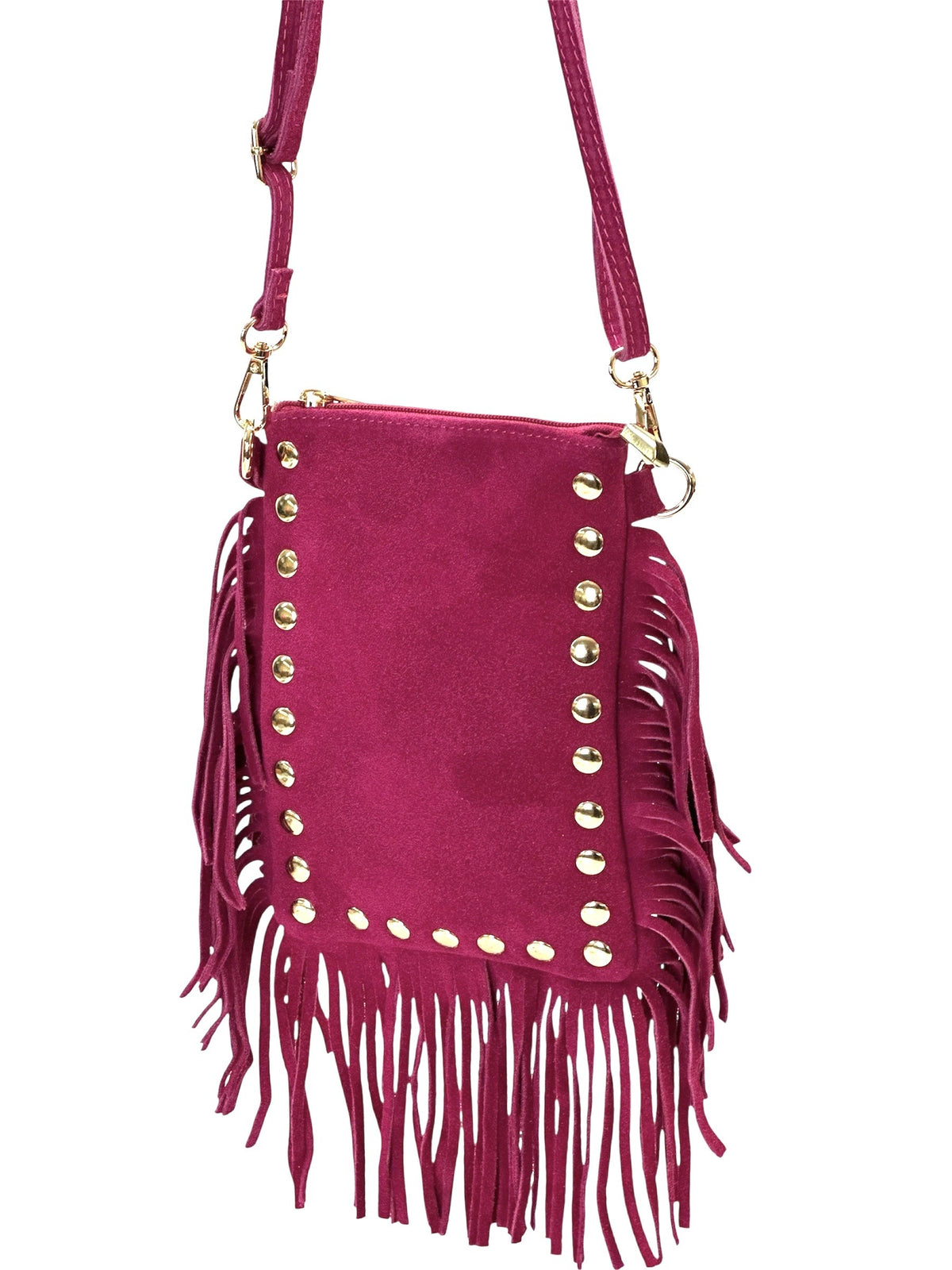 HE959 Fuchsia Studded Fringe Suede Crossbody Bag