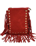 HE960 Red Studded Fringe Suede Crossbody Bag