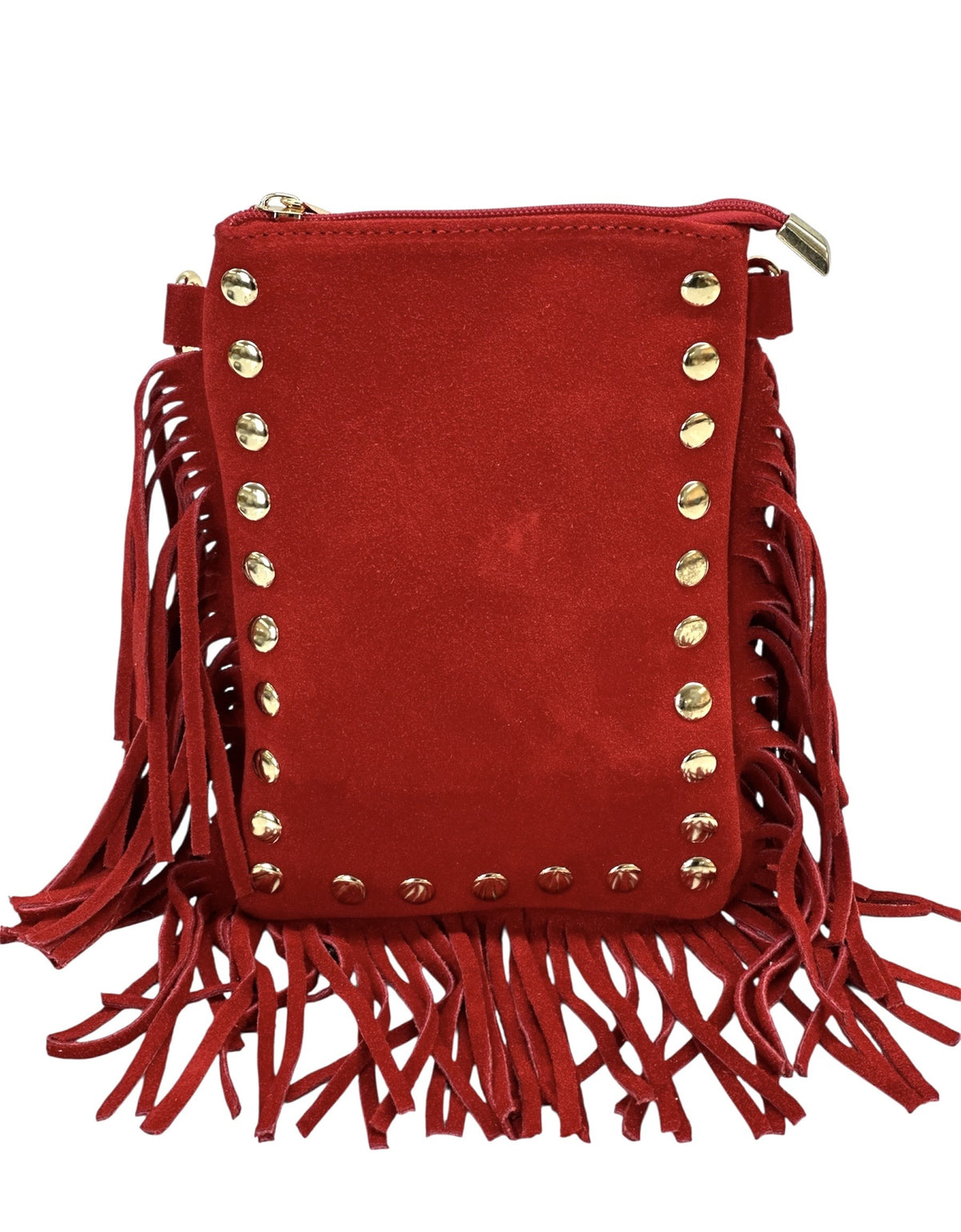HE960 Red Studded Fringe Suede Crossbody Bag