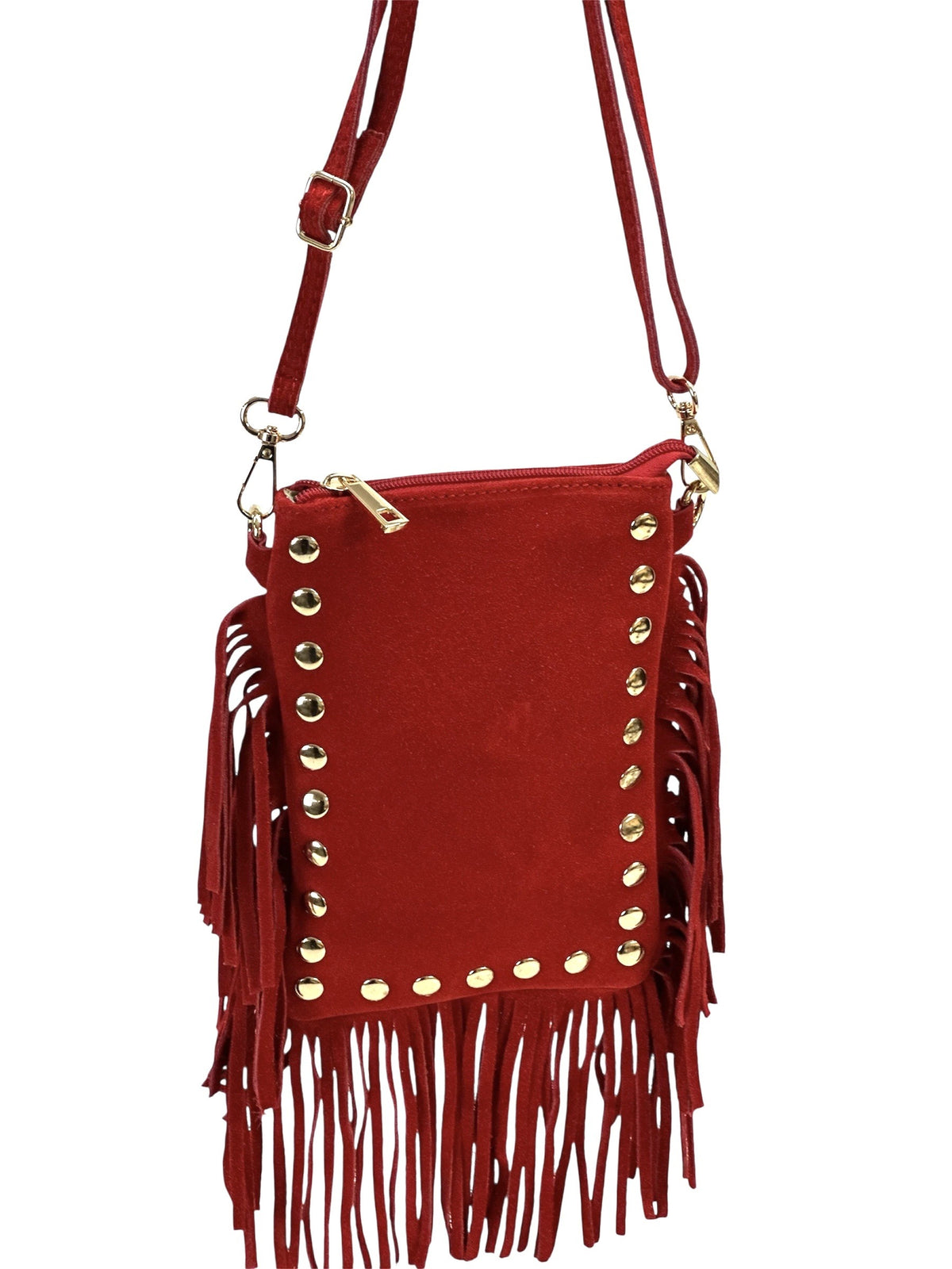 HE960 Red Studded Fringe Suede Crossbody Bag