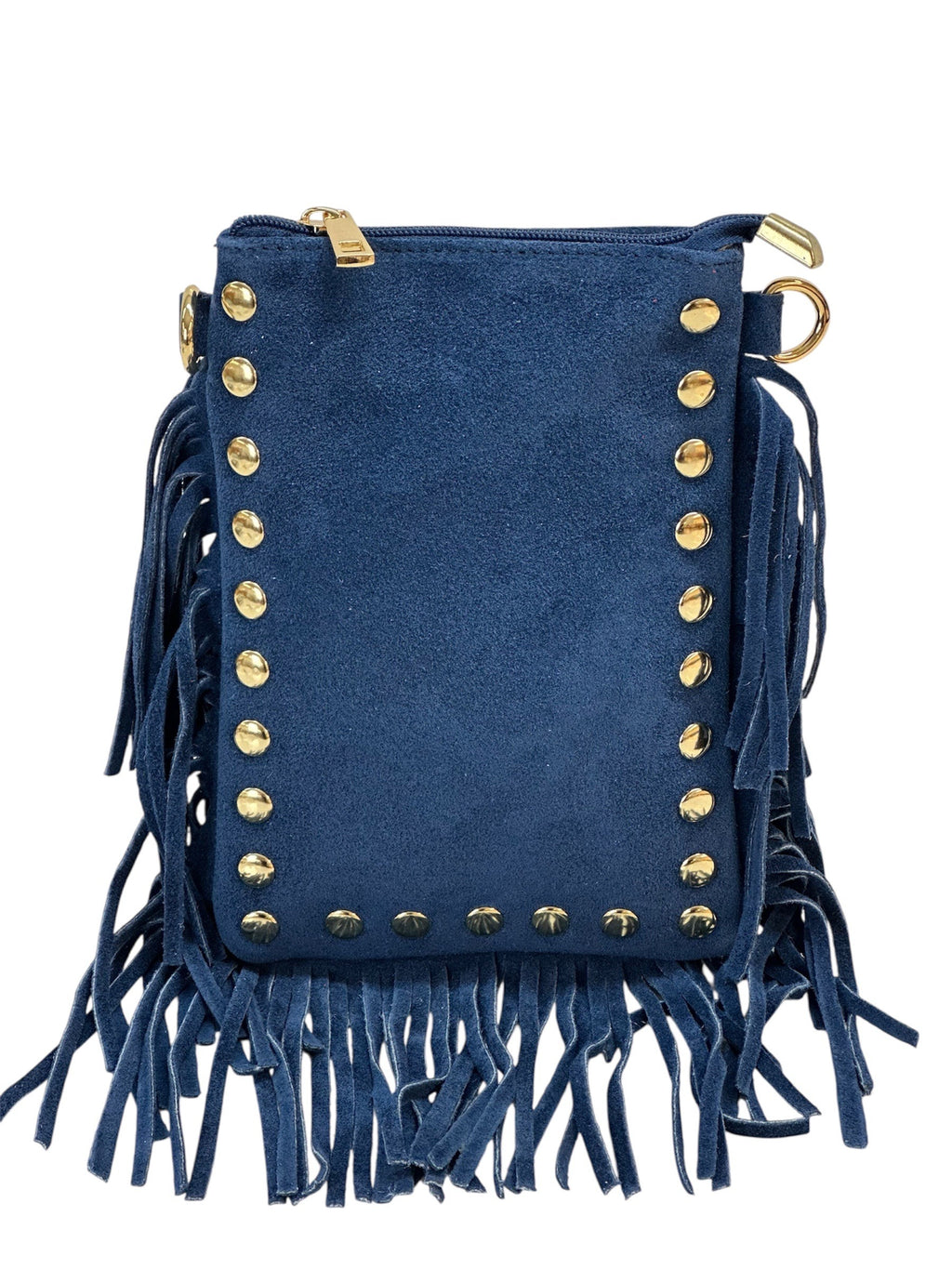 HE961 Medium Blue Studded Fringe Suede Crossbody Bag