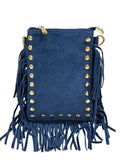 HE961 Medium Blue Studded Fringe Suede Crossbody Bag