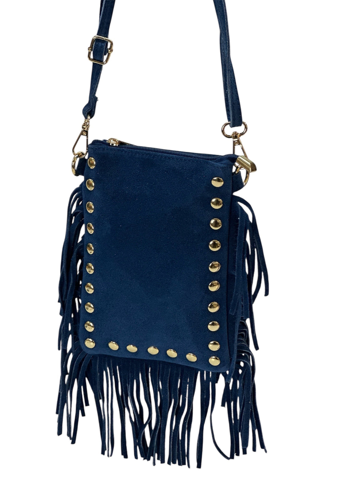 HE961 Medium Blue Studded Fringe Suede Crossbody Bag