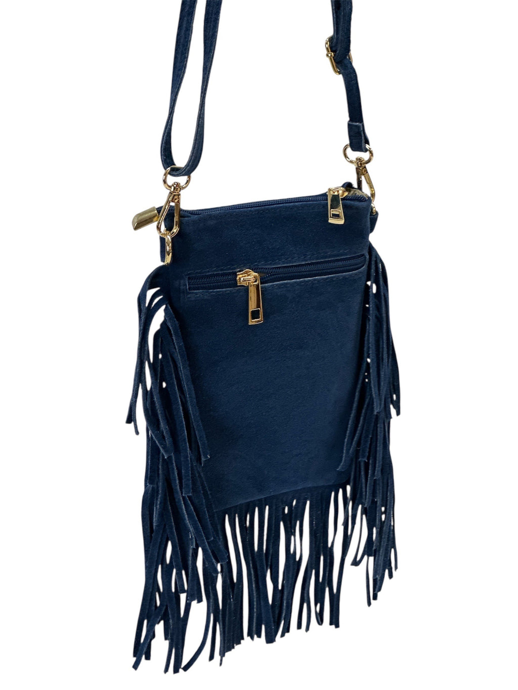 HE961 Medium Blue Studded Fringe Suede Crossbody Bag