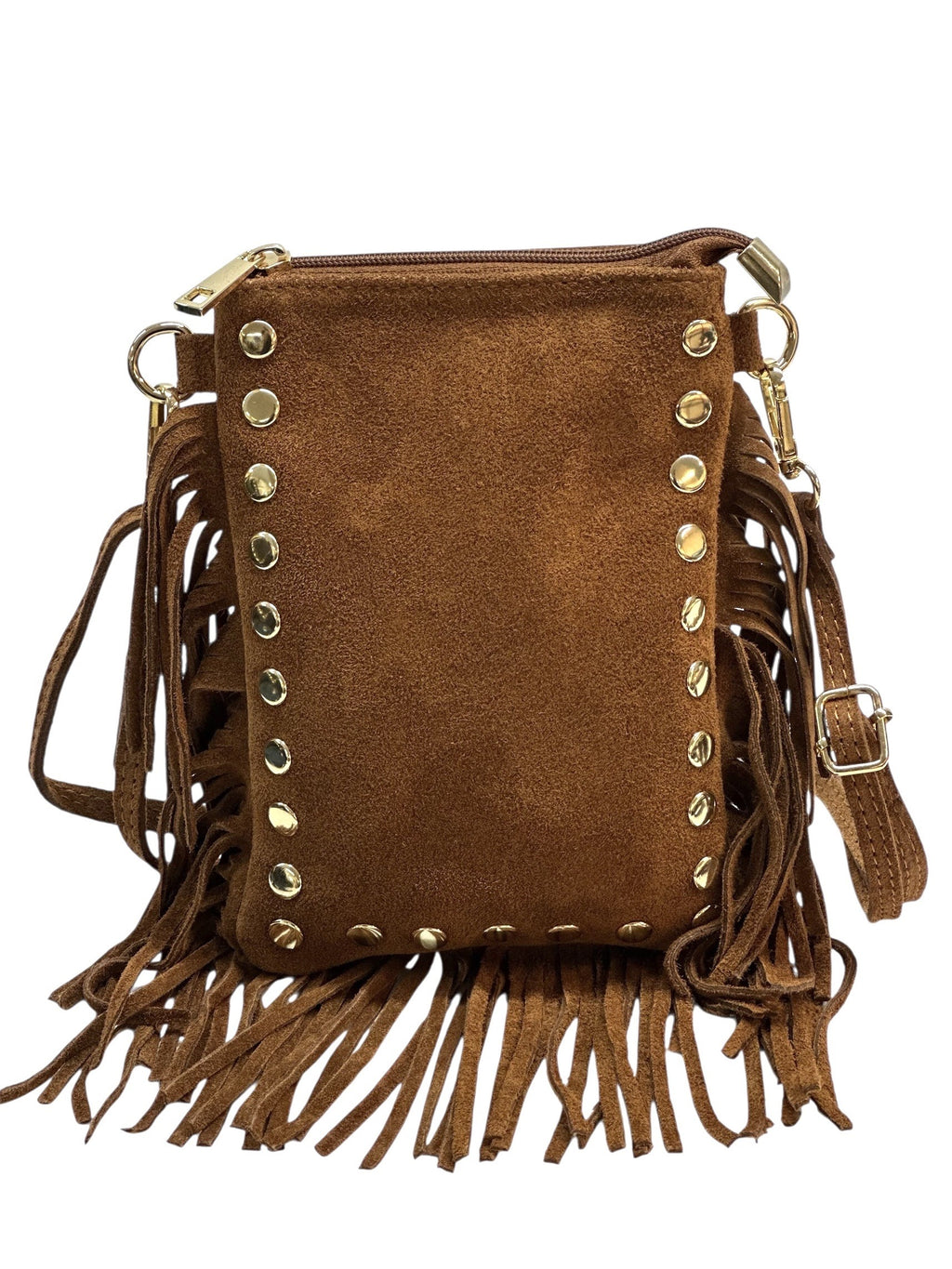 HE962 Tan Studded Fringe Suede Crossbody Bag
