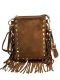 HE962 Tan Studded Fringe Suede Crossbody Bag