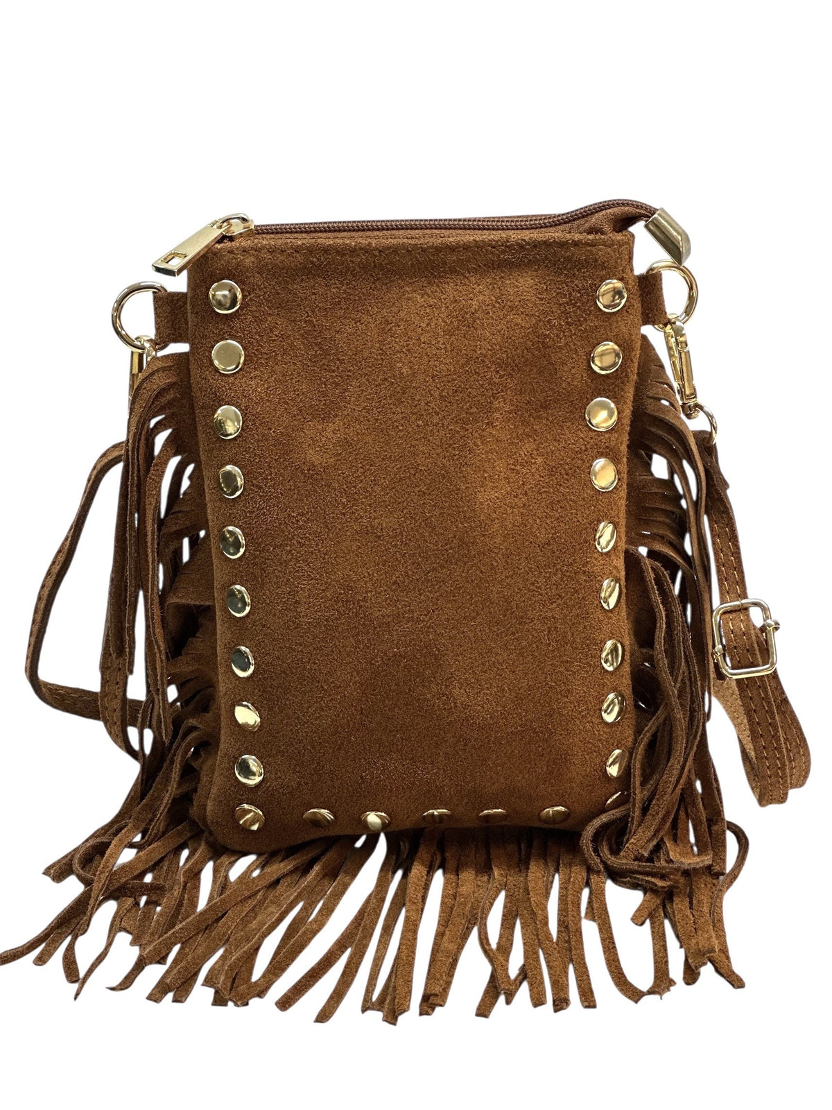 HE962 Tan Studded Fringe Suede Crossbody Bag