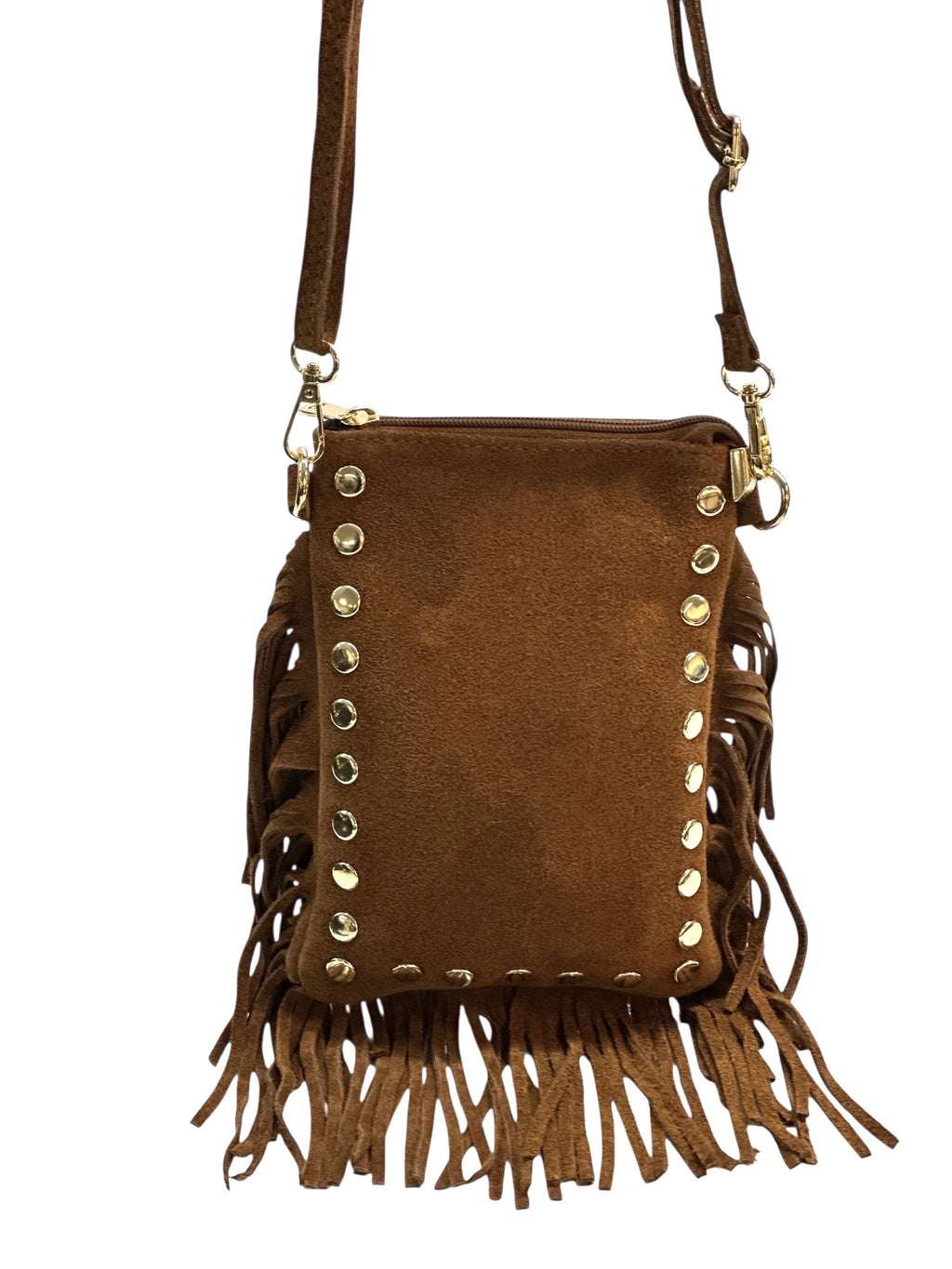 HE962 Tan Studded Fringe Suede Crossbody Bag
