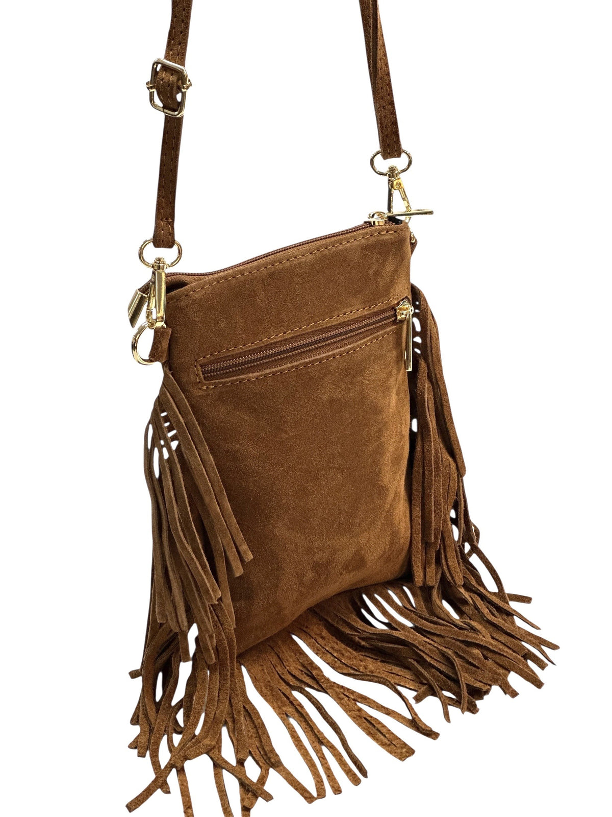 HE962 Tan Studded Fringe Suede Crossbody Bag