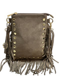 HE963 Taupe Studded Fringe Suede Crossbody Bag