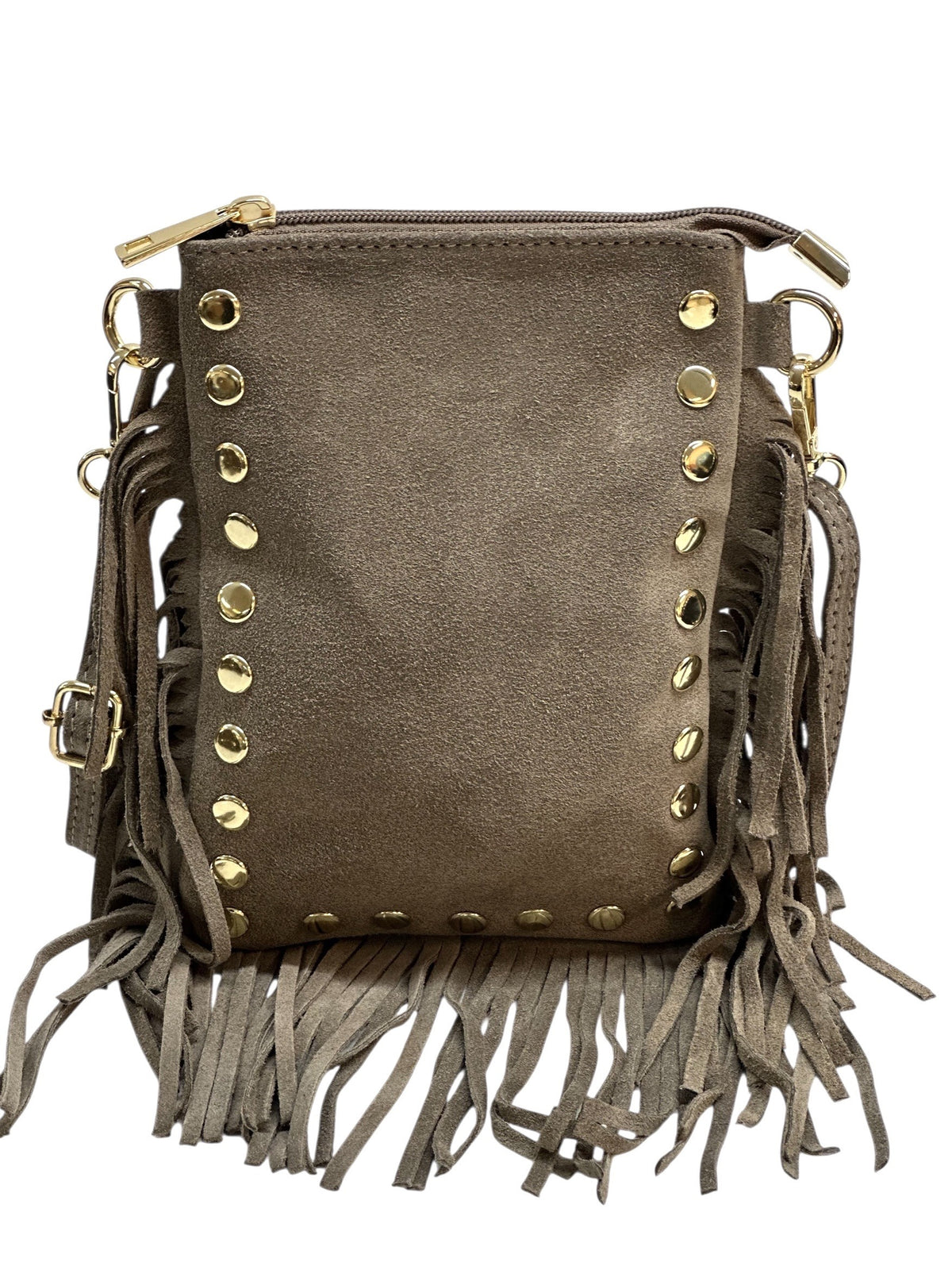 HE963 Taupe Studded Fringe Suede Crossbody Bag