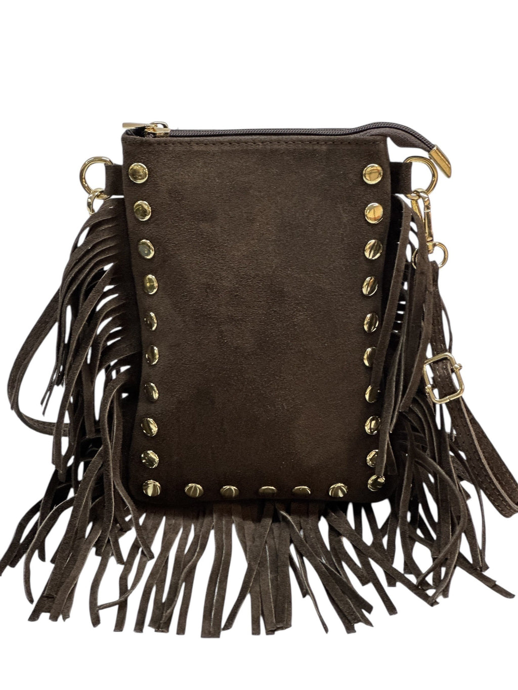 HE964 Dark Brown Studded Fringe Suede Crossbody Bag