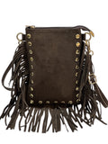 HE964 Dark Brown Studded Fringe Suede Crossbody Bag